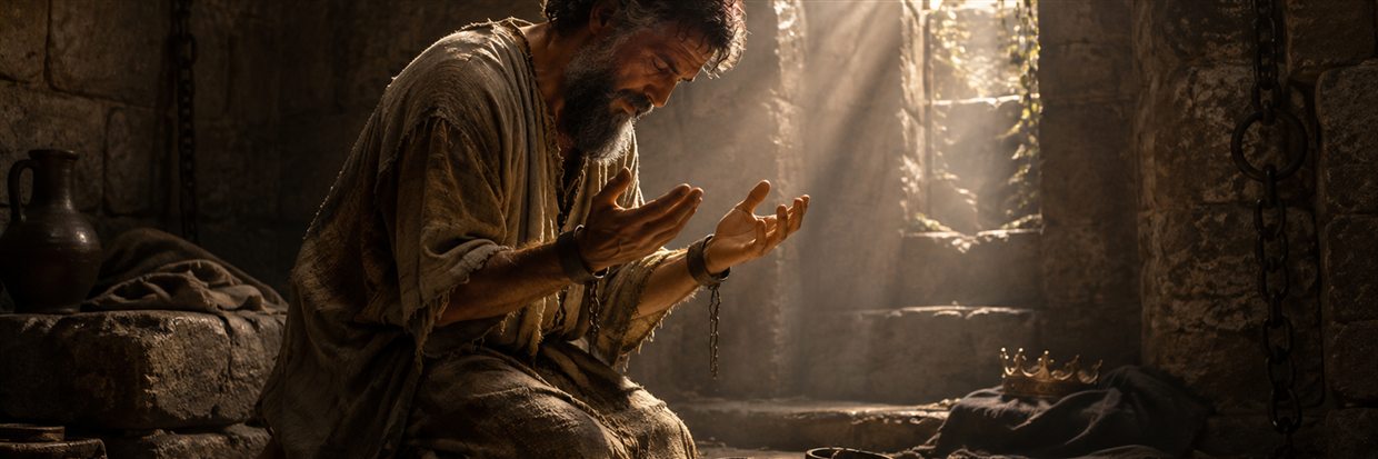 The captive King Manasseh kneels in prayer beside iron restraints as dawn enters his stone prison